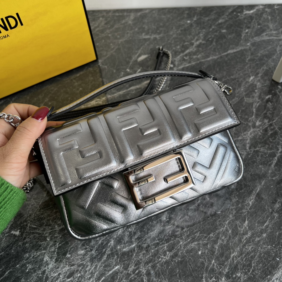 Fendi Mini Baguette Nappa Leather 3D-effect FF Shoulder Bag Silver 